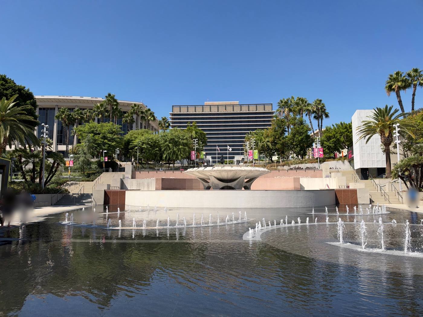 The fountain at the upper end of Grand Park, with the Music Center and the Department of Water and Power headquarters behind it
