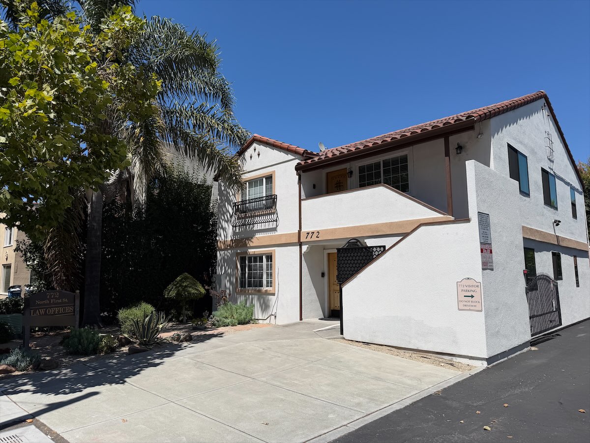 Jimmy Nguyen&rsquo;s law office at 772 North First Street, San Jose: the sign reading 772 North First St., Law Offices, in front of a white two-story building with a red tile roof